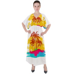 Holiday Tropical Elements Leaf Orange V-neck Boho Style Maxi Dress