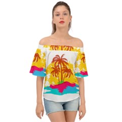 Holiday Tropical Elements Leaf Orange Off Shoulder Short Sleeve Top