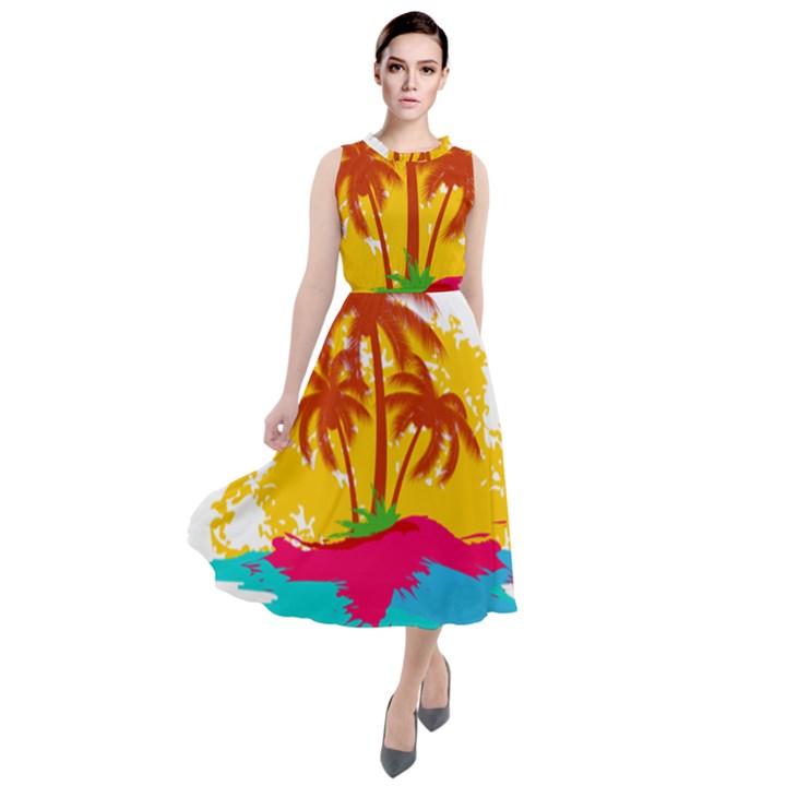 Holiday Tropical Elements Leaf Orange Round Neck Boho Dress