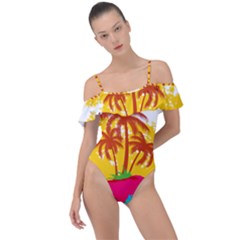 Holiday Tropical Elements Leaf Orange Frill Detail One Piece Swimsuit