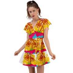 Holiday Tropical Elements Leaf Orange Flutter Sleeve Wrap Dress