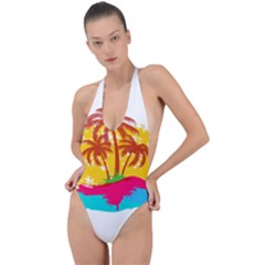 Holiday Tropical Elements Leaf Orange Backless Halter One Piece Swimsuit