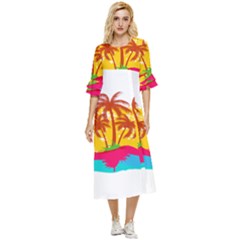 Holiday Tropical Elements Leaf Orange Double Cuff Midi Dress