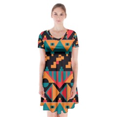 Tribal Pattern Seamless Border Short Sleeve V-neck Flare Dress