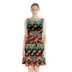 Tribal Pattern Seamless Border Sleeveless Waist Tie Chiffon Dress