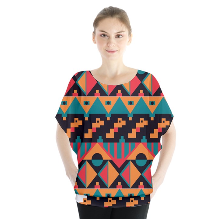 Tribal Pattern Seamless Border Batwing Chiffon Blouse