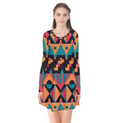 Tribal Pattern Seamless Border Long Sleeve V-neck Flare Dress