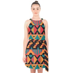 Tribal Pattern Seamless Border Halter Collar Waist Tie Chiffon Dress