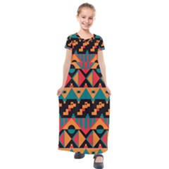 Tribal Pattern Seamless Border Kids  Short Sleeve Maxi Dress