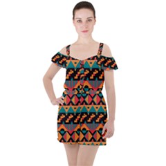 Tribal Pattern Seamless Border Ruffle Cut Out Chiffon Playsuit