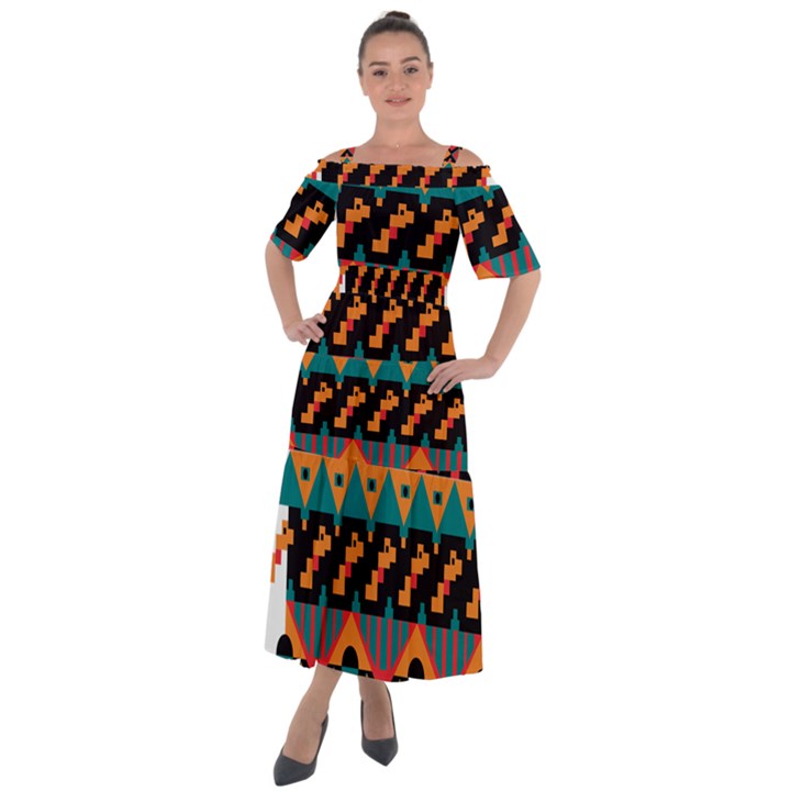 Tribal Pattern Seamless Border Shoulder Straps Boho Maxi Dress 