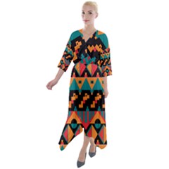 Tribal Pattern Seamless Border Quarter Sleeve Wrap Front Maxi Dress