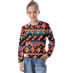 Tribal Pattern Seamless Border Kids  Long Sleeve Tee With Frill 