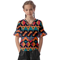 Tribal Pattern Seamless Border Kids  V-neck Horn Sleeve Blouse