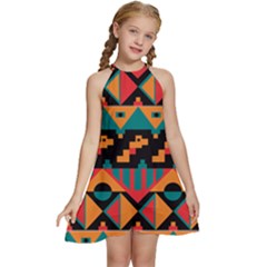 Tribal Pattern Seamless Border Kids  Halter Collar Waist Tie Chiffon Dress