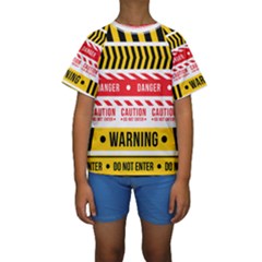 Yellow Black Warning Line Kids  Short Sleeve Swimwear