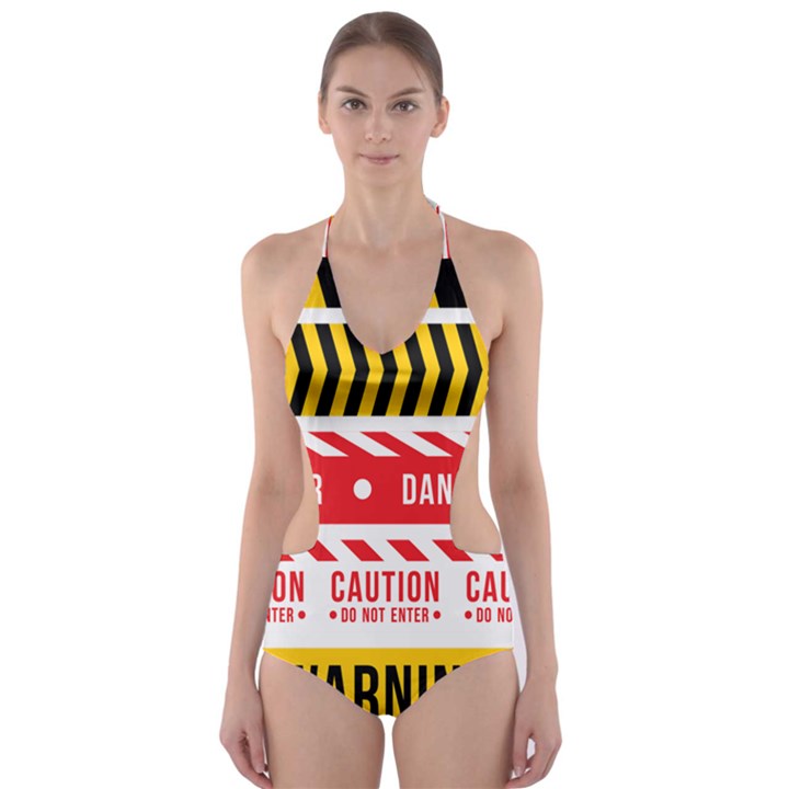 Yellow Black Warning Line Cut-Out One Piece Swimsuit