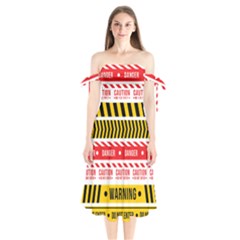 Yellow Black Warning Line Shoulder Tie Bardot Midi Dress