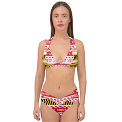 Yellow Black Warning Line Double Strap Halter Bikini Set