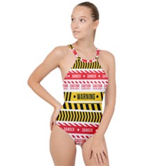 Yellow Black Warning Line High Neck One Piece Swimsuit by Jancukart