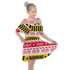 Yellow Black Warning Line Kids  Shoulder Cutout Chiffon Dress