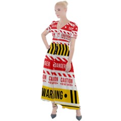 Yellow Black Warning Line Button Up Short Sleeve Maxi Dress