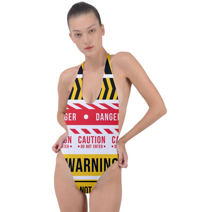 Yellow Black Warning Line Backless Halter One Piece Swimsuit