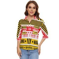 Yellow Black Warning Line Women s Quarter Sleeve Pocket Shirt