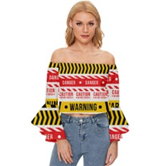 Yellow Black Warning Line Off Shoulder Flutter Bell Sleeve Top by Jancukart