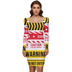 Yellow Black Warning Line Women Long Sleeve Ruched Stretch Jersey Dress