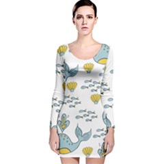 Cartoon Whale Seamless Background Pattern Long Sleeve Velvet Bodycon Dress