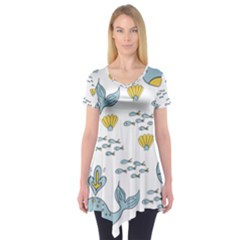 Cartoon Whale Seamless Background Pattern Short Sleeve Tunic 