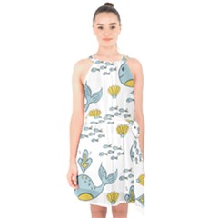 Cartoon Whale Seamless Background Pattern Halter Collar Waist Tie Chiffon Dress