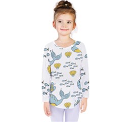 Cartoon Whale Seamless Background Pattern Kids  Long Sleeve Tee