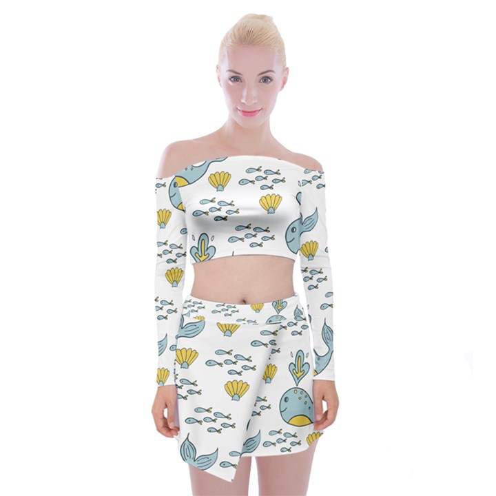 Cartoon Whale Seamless Background Pattern Off Shoulder Top with Mini Skirt Set