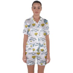 Cartoon Whale Seamless Background Pattern Satin Short Sleeve Pajamas Set