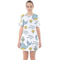 Cartoon Whale Seamless Background Pattern Sixties Short Sleeve Mini Dress