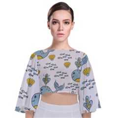 Cartoon Whale Seamless Background Pattern Tie Back Butterfly Sleeve Chiffon Top