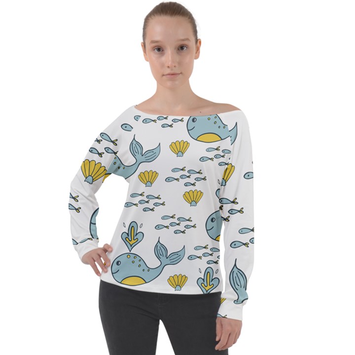 Cartoon Whale Seamless Background Pattern Off Shoulder Long Sleeve Velour Top