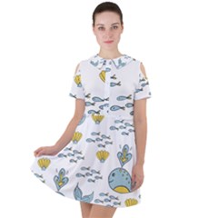 Cartoon Whale Seamless Background Pattern Short Sleeve Shoulder Cut Out Dress 