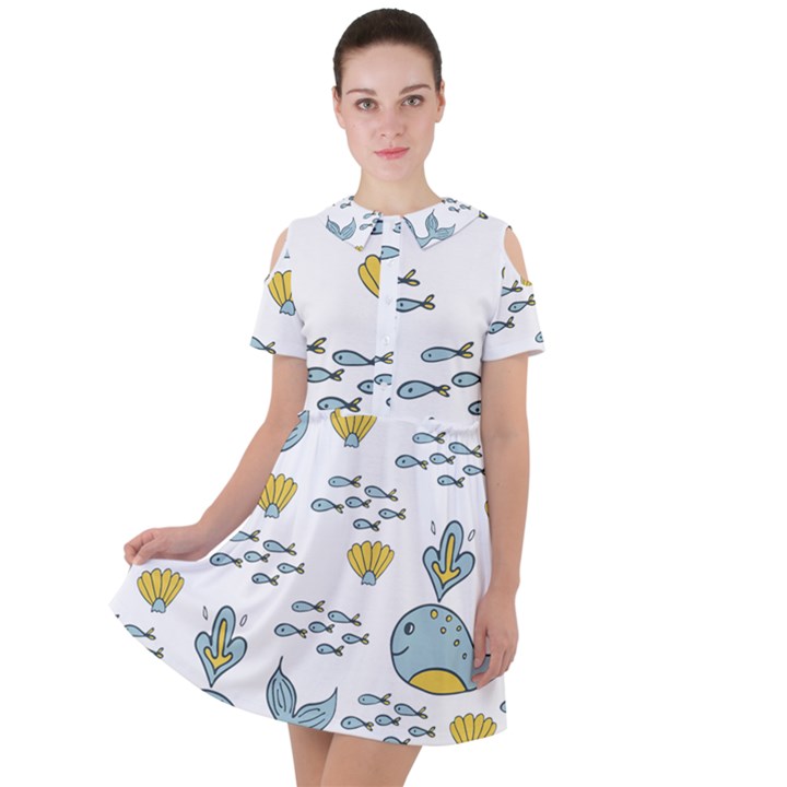 Cartoon Whale Seamless Background Pattern Short Sleeve Shoulder Cut Out Dress 