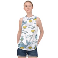 Cartoon Whale Seamless Background Pattern High Neck Satin Top by Jancukart