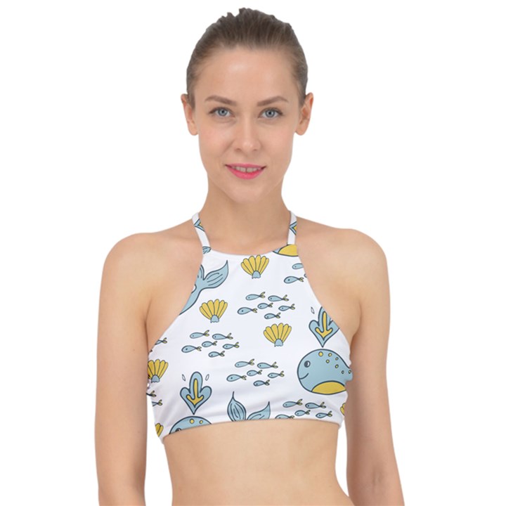 Cartoon Whale Seamless Background Pattern Racer Front Bikini Top