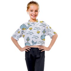 Cartoon Whale Seamless Background Pattern Kids Mock Neck Tee