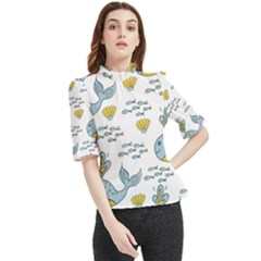 Cartoon Whale Seamless Background Pattern Frill Neck Blouse