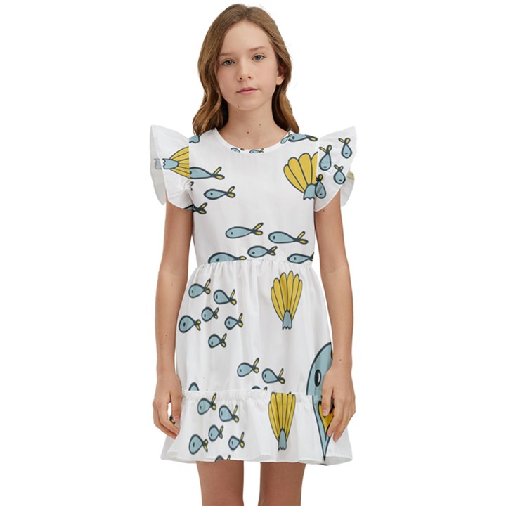 Cartoon Whale Seamless Background Pattern Kids  Winged Sleeve Dress