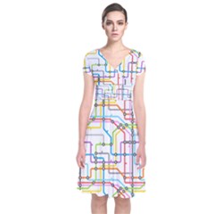 Tube Map Seamless Pattern Short Sleeve Front Wrap Dress