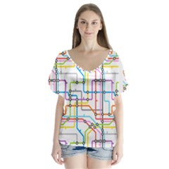 Tube Map Seamless Pattern V-neck Flutter Sleeve Top