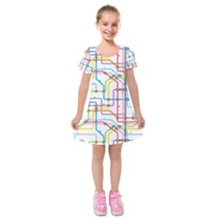 Tube Map Seamless Pattern Kids  Short Sleeve Velvet Dress