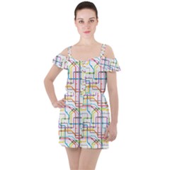 Tube Map Seamless Pattern Ruffle Cut Out Chiffon Playsuit by Jancukart